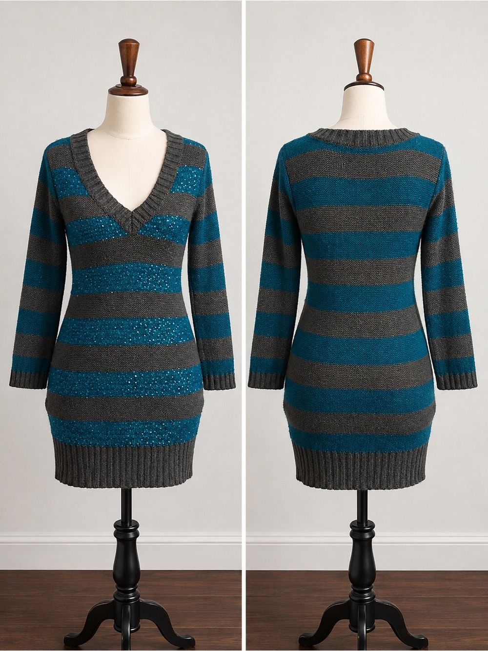 OMG Striped sequined Teal and Charcoal V-Neck Sweater